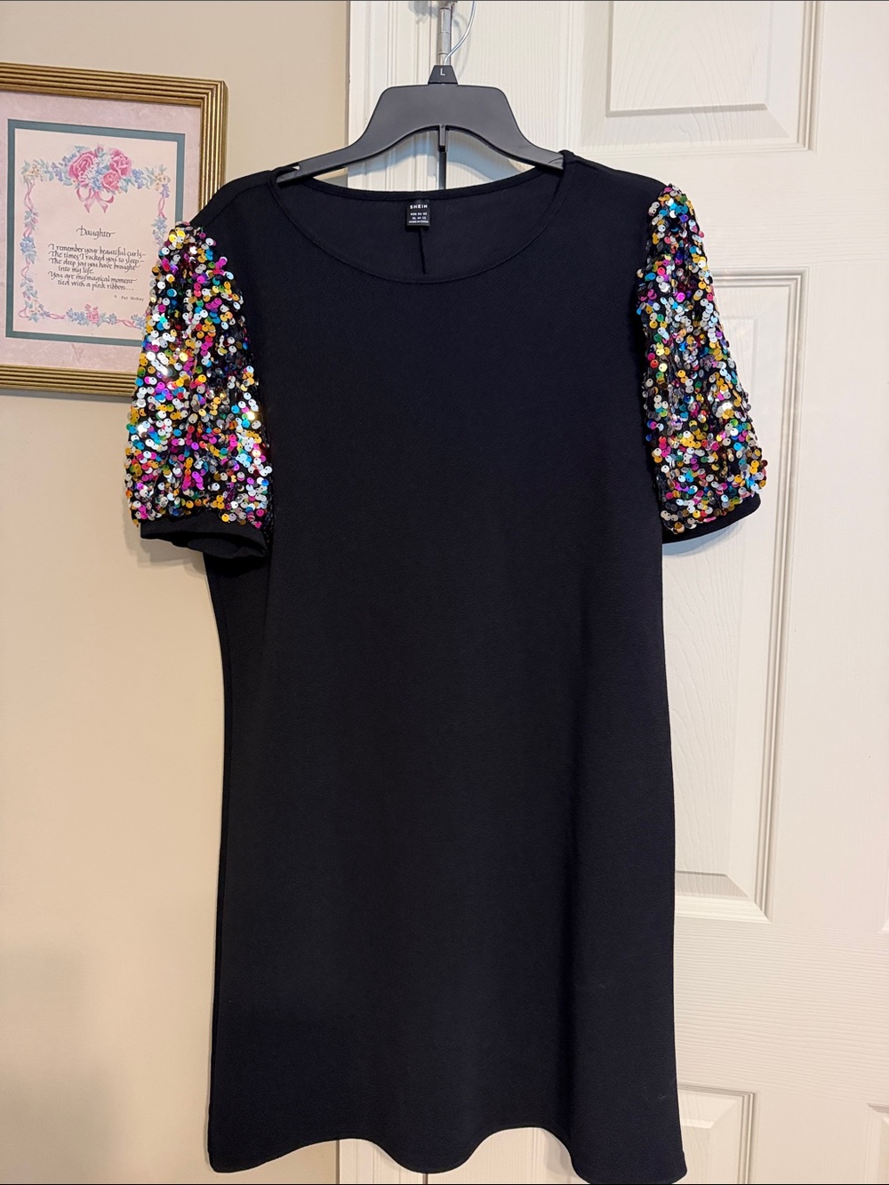 Black Shift Dress with Multicolor Sequin Puff Sleeves